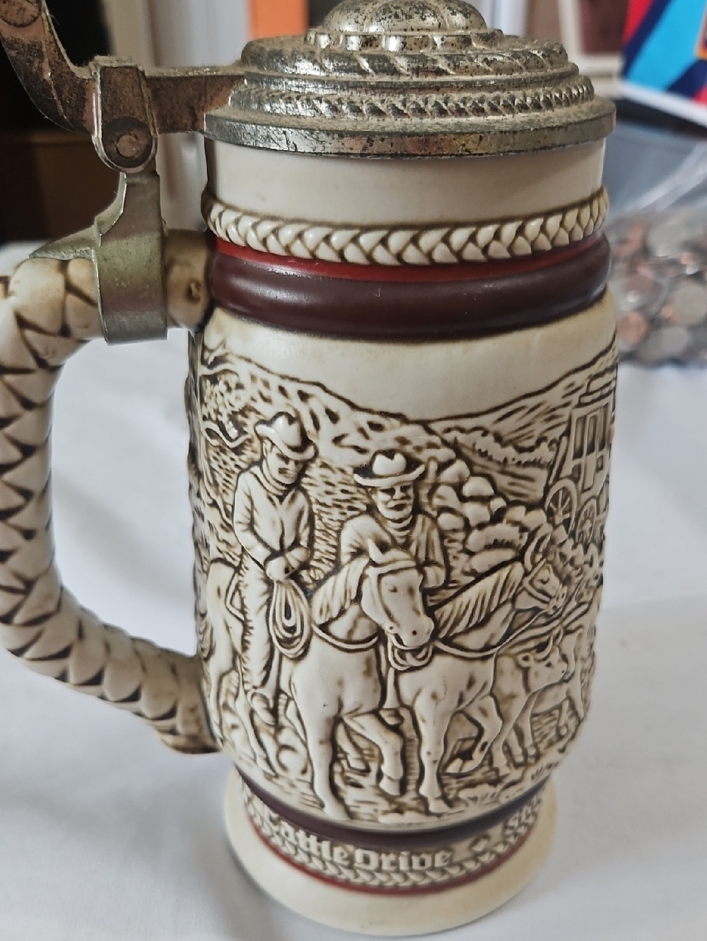 Vintage 80s Ceramarte for Avon LARGE Beer Stein Featuring Horses & Cowboy